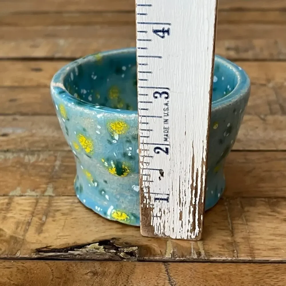 Handmade Clay Pottery Bowl Blue Yellow Speckled Crackle Glaze Artist Signed